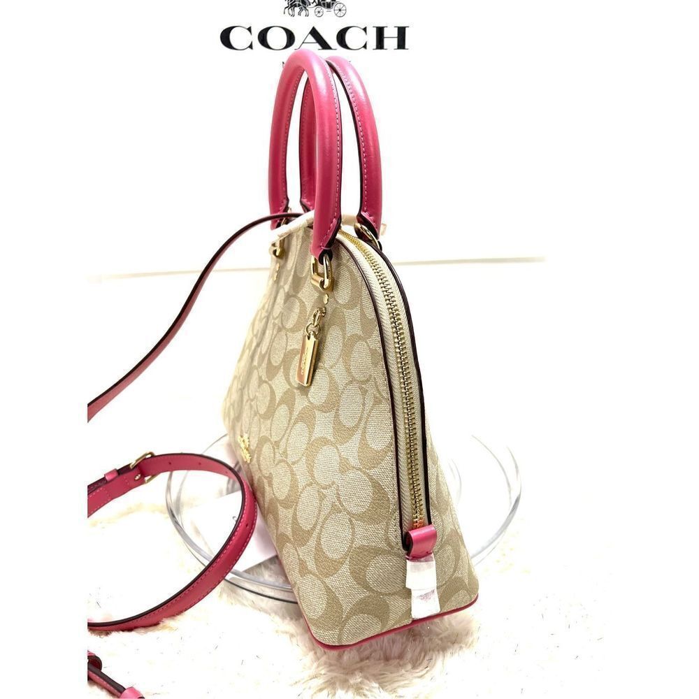 🔥🎁NEW! Coach Katy Satchel Handbag Sig Canvas Khaki/Electric Pink Msrp:$350.00 - Picture 2 of 9